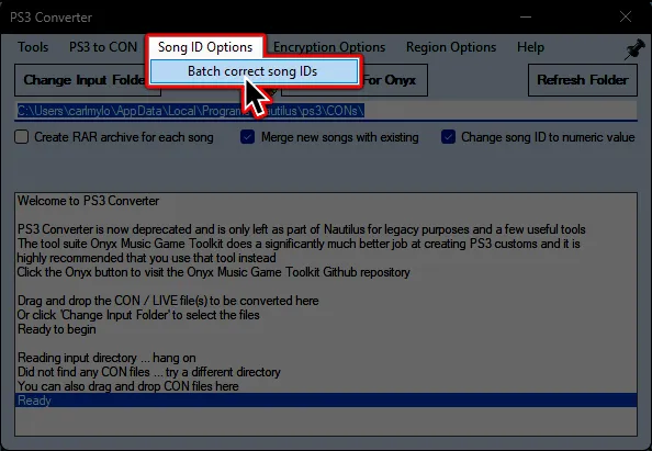 Nautilus's PS3 Converter. A cursor hovers over 'Batch correct song IDs' under the 'Song ID Options' menu.