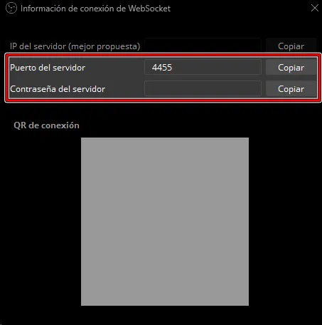 'Información de la conexión de WebSocket' con el puerto de servidor y contraseña de servidor resaltadas.