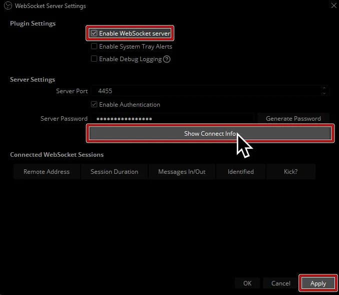 'WebSocket Server Settings' showing various options. The ones pointed out are highlighted.