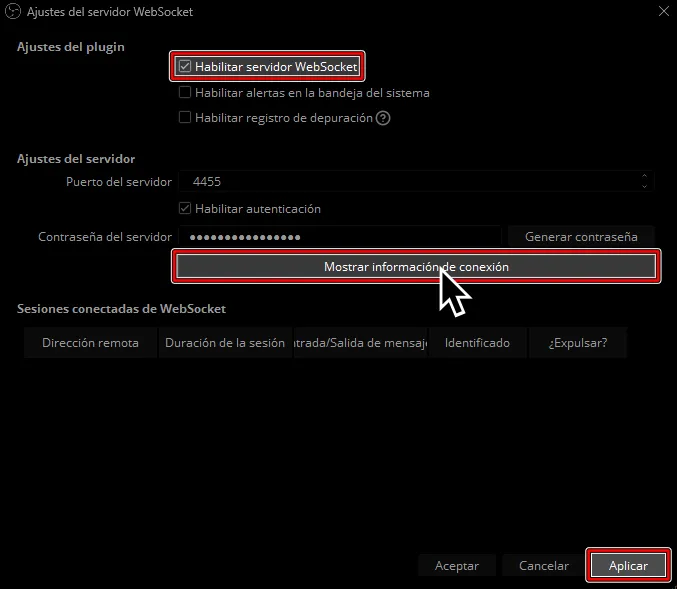 'Ajustes del servidor WebSocket' mostrando varias opciones. Las opciones que fueron notadas están resaltadas.