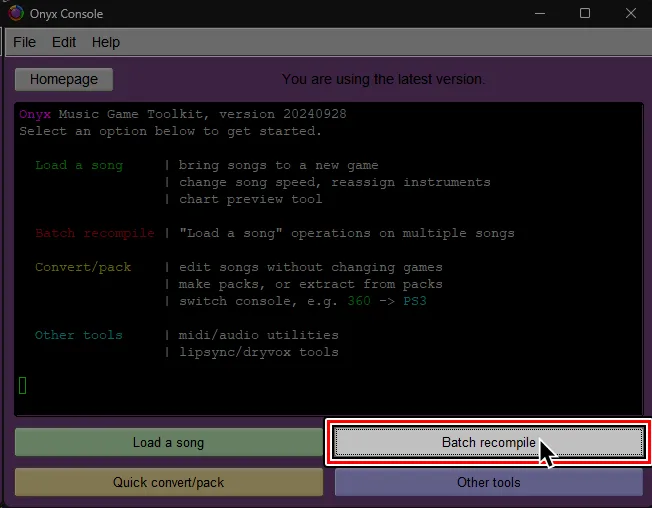 Onyx's main screen. A cursor hovers over 'Batch recompile'.