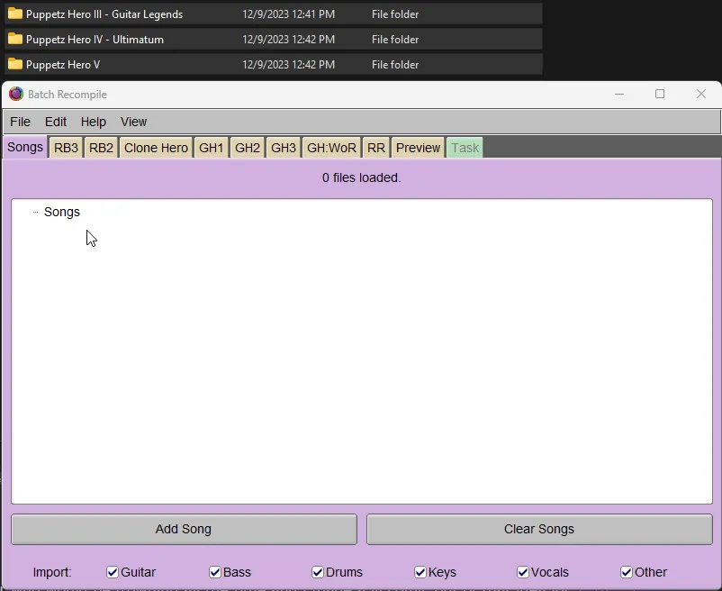 Customs in Clone Hero format being dragged and dropped into the 'Songs' tab of Onyx's Batch Recompile.