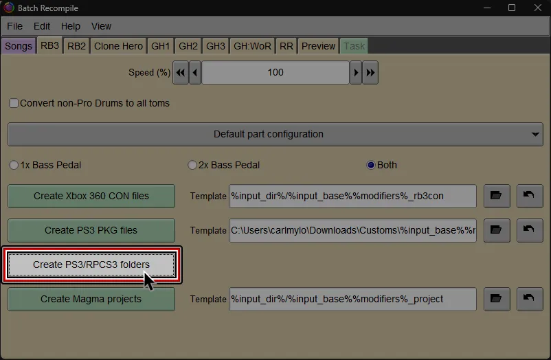 Onyx's Batch Recompile window. Under the 'RB3' tab, 'Create PS3/RPCS3 folders' is selected.