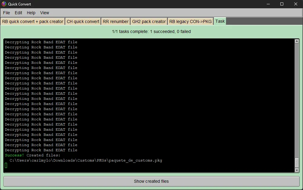 Onyx terminando con el exporte del PKG. El paquete ha sido llamado 'paquete_de_customs' y salio a la carpeta de Descargas.