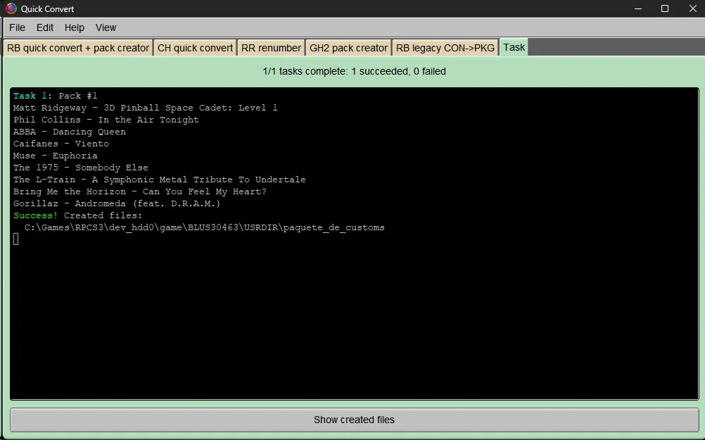 Onyx terminando con el exporte. El paquete ha sido llamado 'paquete_de_customs' y salio a la carpeta de RPCS3.