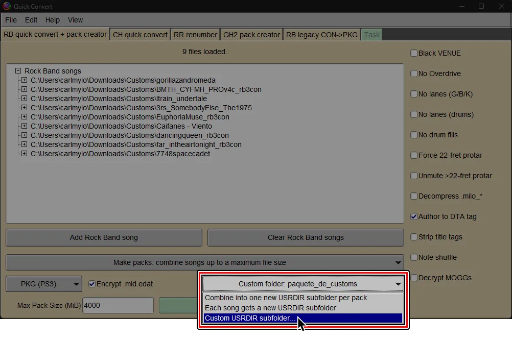 La pantalla de Quick Convert dentro de Onyx. El cursor esta sobre 'Custom USRDIR subfolder' en vez de 'Keep original USRDIR subfolders'.