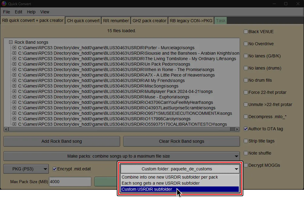 La pantalla de Quick Convert dentro de Onyx. El cursor esta sobre 'Custom USRDIR subfolder' en vez de 'Keep original USRDIR subfolders'.