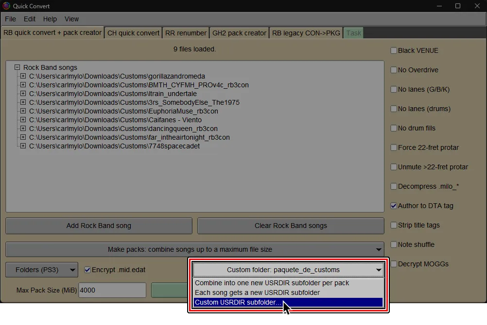 La pantalla de Quick Convert dentro de Onyx. El cursor esta sobre 'Custom USRDIR subfolder' en vez de 'Keep original USRDIR subfolders'.