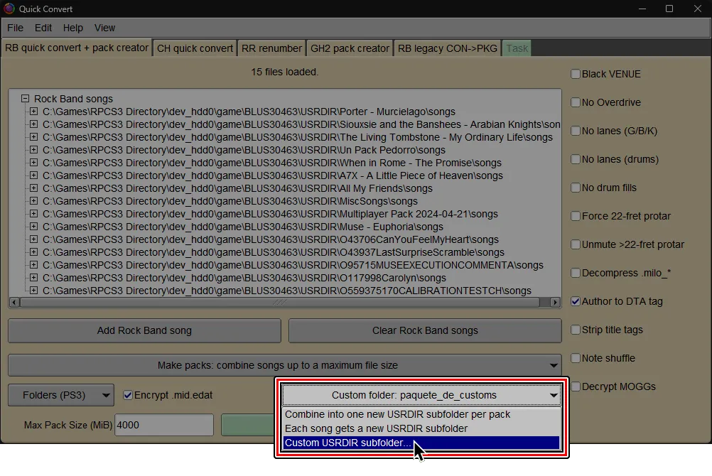 La pantalla de Quick Convert dentro de Onyx. El cursor esta sobre 'Custom USRDIR subfolder' en vez de 'Keep original USRDIR subfolders'.