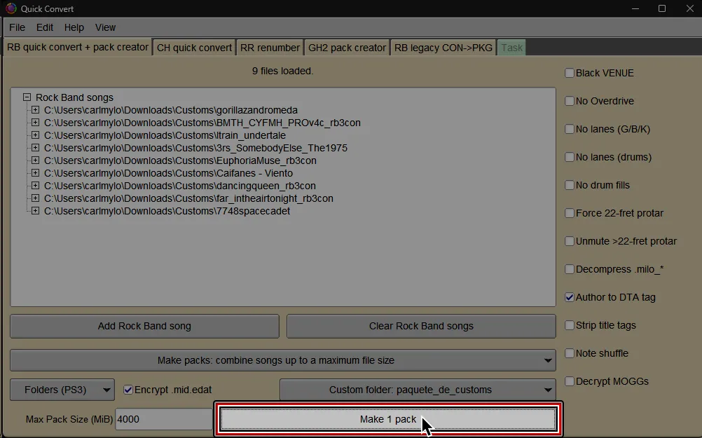La pantalla de Quick Convert dentro de Onyx. El cursor esta sobre 'Make 1 pack'.