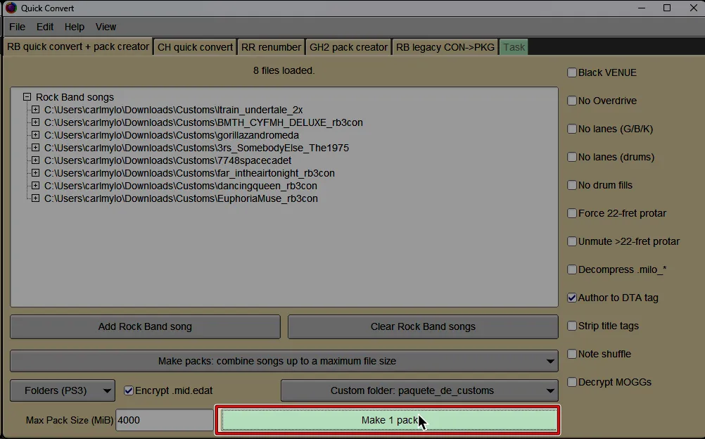 La pantalla de Quick Convert dentro de Onyx. El cursor esta sobre 'Make 1 pack'.