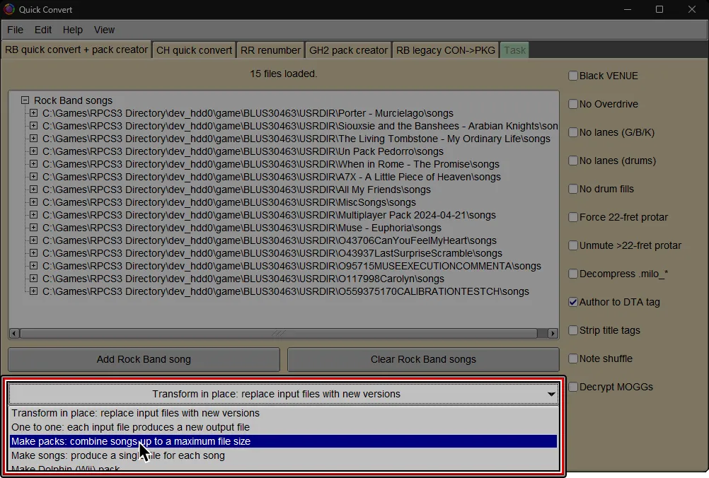 Onyx's Quick Convert screen. 'Make songs: produced a single file for each song' has been clicked and the cursor is over 'Make packs: combine songs up to a maximum file size'.