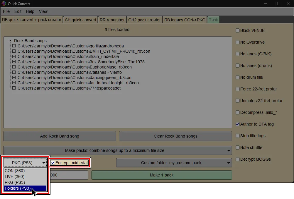 Onyx's Quick Convert screen. The cursor is selecting 'Folders (PS3)' and 'Encrypted .mid.edat' has been enabled.