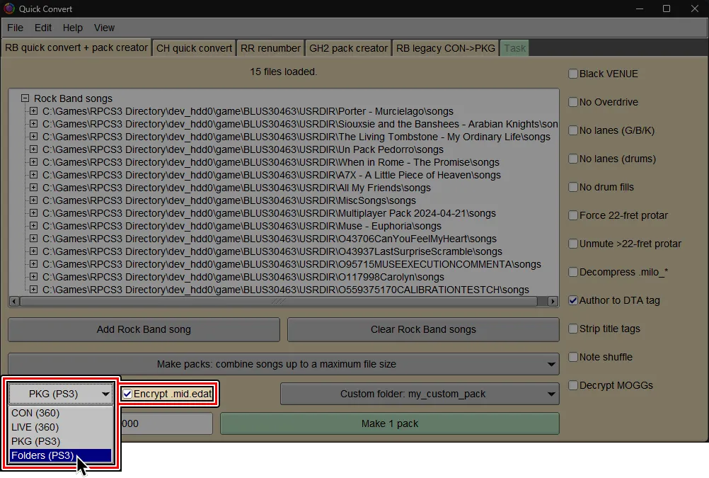 Onyx's Quick Convert screen. The cursor is selecting 'Folders (PS3)' and 'Encrypted .mid.edat' has been enabled.