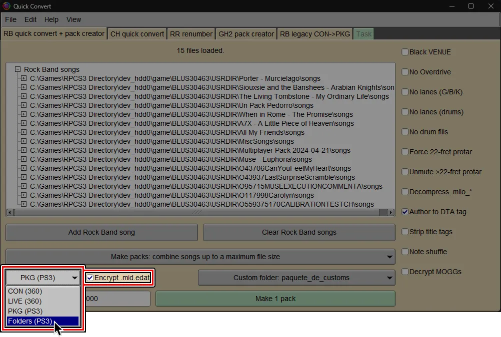 La pantalla de Quick Convert dentro de Onyx. El cursor esta sobre 'Folders (PS3)'' y 'Encrypted .mid.edat' esta activado.