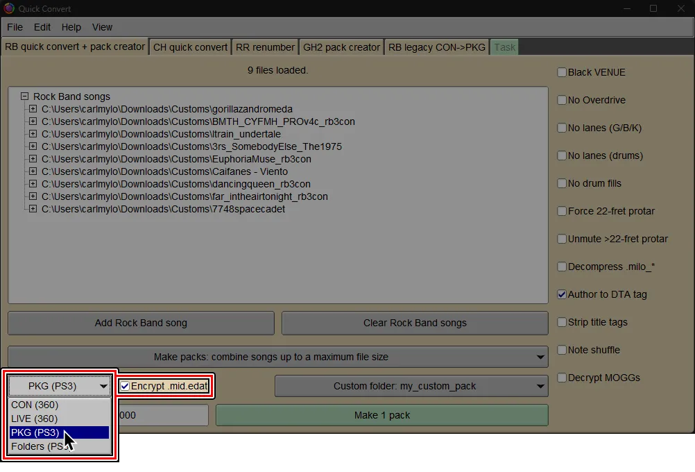 Onyx's Quick Convert screen. The cursor is selecting 'PS3 (PS3)' and 'Encrypted .mid.edat' has been enabled.