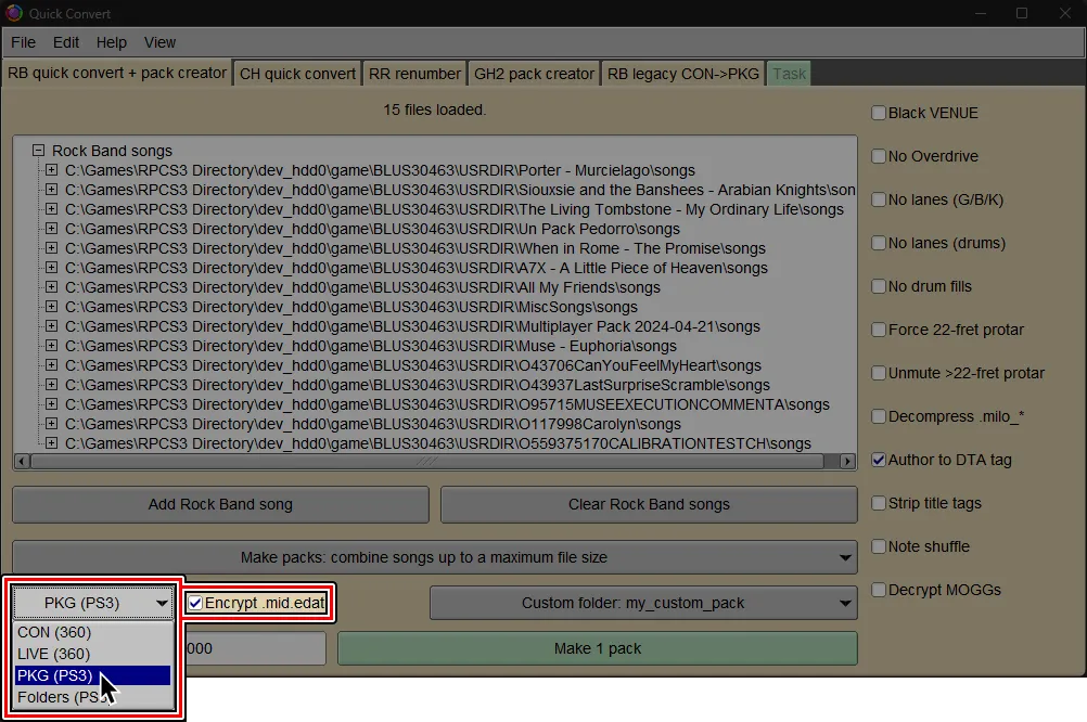 Onyx's Quick Convert screen. The cursor is selecting 'PS3 (PS3)'' and 'Encrypted .mid.edat' has been enabled.