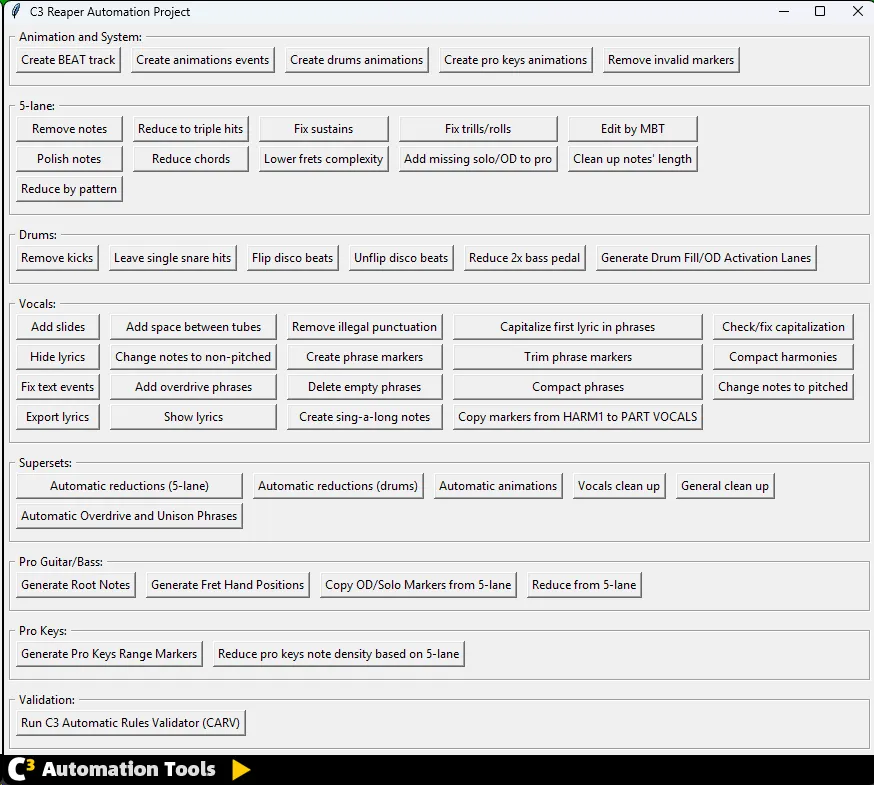 CAT showing various utilites like automatic animations, reductions, and many other things.