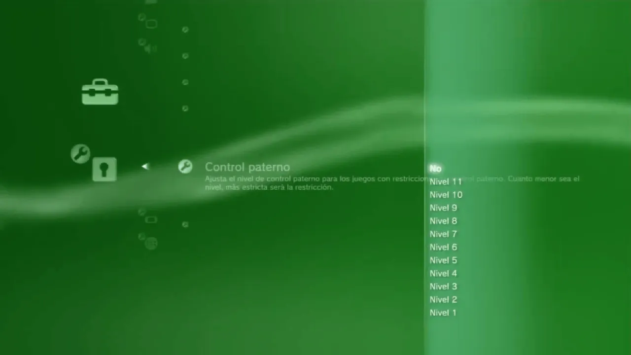 El menu de control paterno en el menu de XMB de la PlayStation 3. El nivel esta en 'No'.
