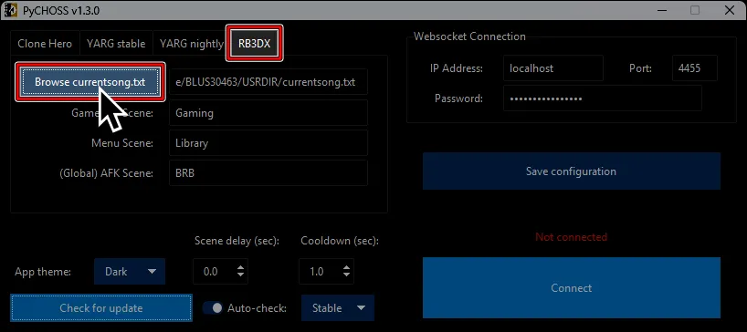 Clicking on 'Browse currentsong.txt' under the 'RB3DX' tab.