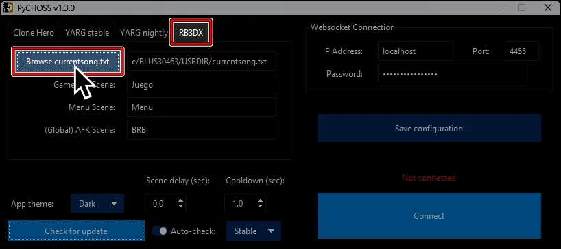 Haciendo click en 'Browse currentsong.txt' bajo la pestaña de 'RB3DX'.