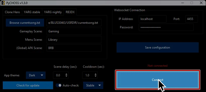 Hovering over the 'Connect' button in PyCHOSS.