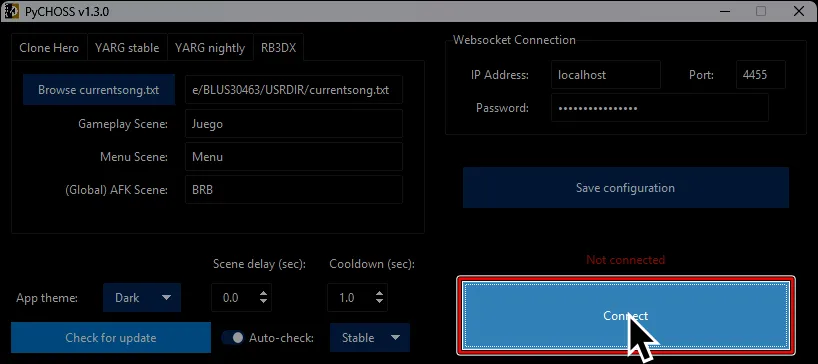 El cursor sobre el botón de 'Connect' en PyCHOSS.