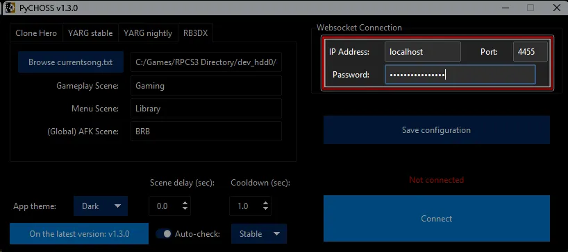 Copying the password and port from OBS into PyCHOSS.