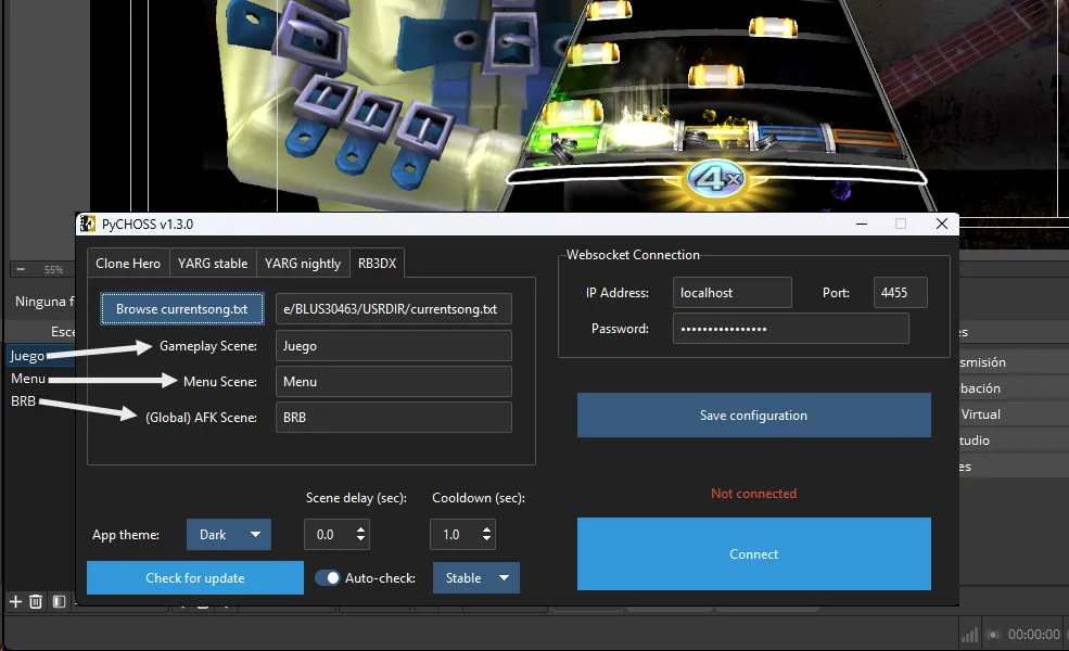Un diagrama mostrando como necesitan coincidir las escenas dentro de OBS y PyCHOSS.