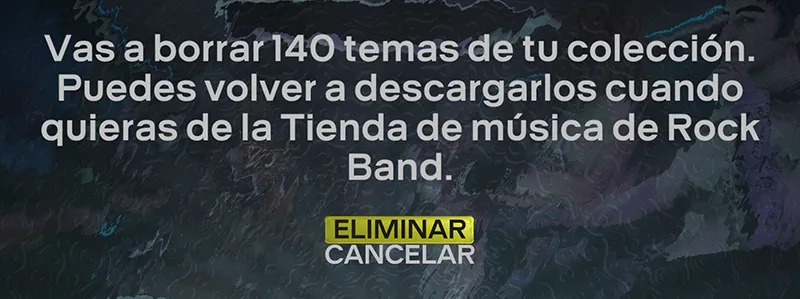 Rock Band 3 advirtiendo que va a borrar 140 temas de la colección.