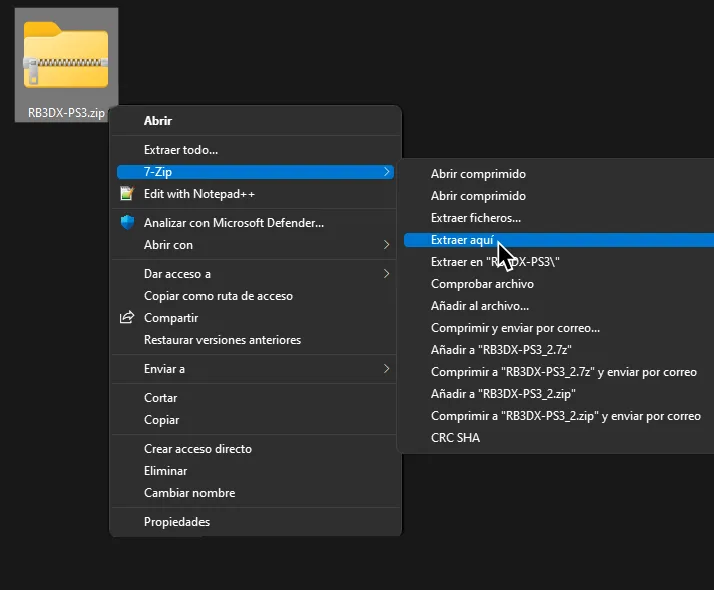 El menú contextual de Windows con el cursor en 'Extraer ficheros...') en la categoría de 7-Zip.