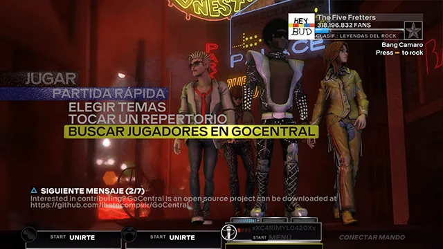 Rock Band 3 con 'Buscar jugadores en GoCentral' resaltado.