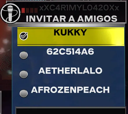 Rock Band 3 con el nombre de una amiga resaltado.