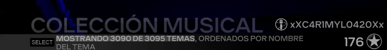 Rock Band 3 mostrando una colección de música que le falta 5 canciones.