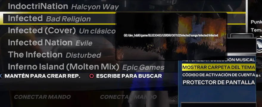 Rock Band 3 Deluxe con una canción resaltada y 'Mostrar carpeta del tema' elegida en el menú. Salio una pantalla que contiene la dirección de la canción.