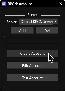 RPCS3's RPCN: Account menu with 'Create Account' highlighted.