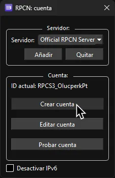 La configuración de RPCN con 'Crear cuenta' resaltado.