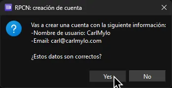 RPCS3 preguntando si el usuario quiere crear una cuenta de RPCN nueva.