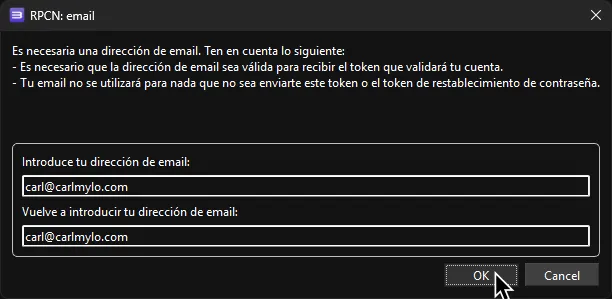 El menú de email con un email (dos veces para verificación) configurado y 'OK' resaltado.