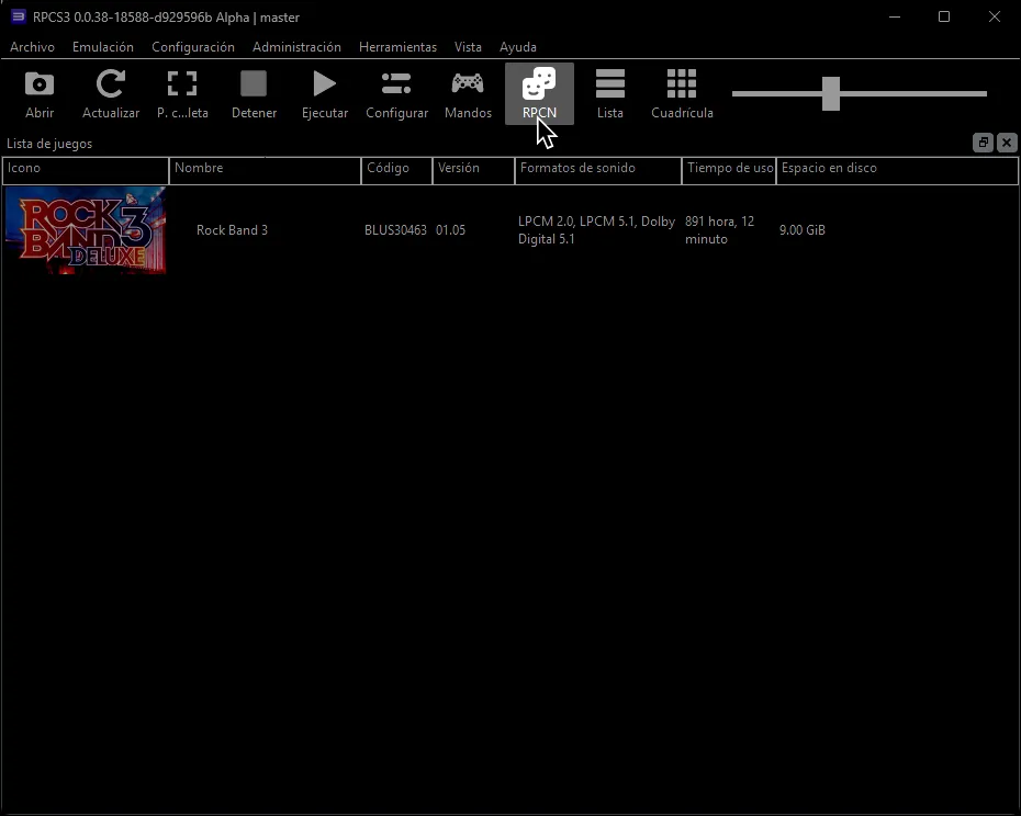 La pantalla principal de RPCS3 con 'RPCN' resaltado.