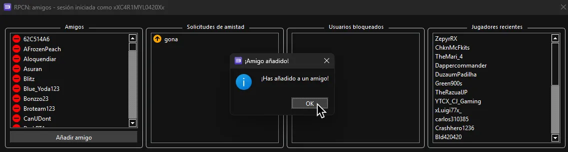 Una advertencia que dice que se añadió un amigo. El cursor esta sobre 'OK'.