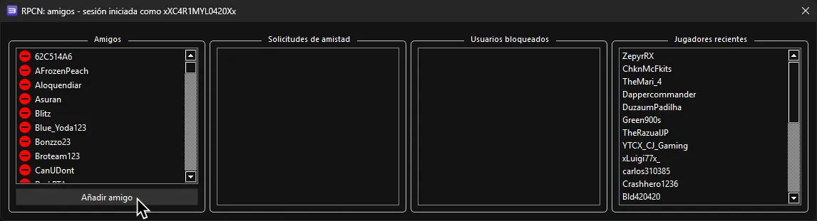 La pantalla de amigos de RPCN con el cursor sobre 'Añadir amigo'.