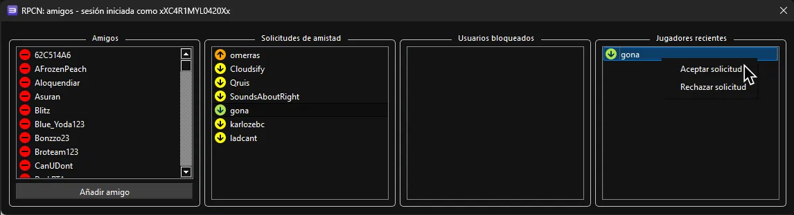 La pantalla de amigos de RPCN con un jugador elegido bajo 'Jugadores recientes'. El cursor esta sobre 'Mandar solicitud de amistad'.