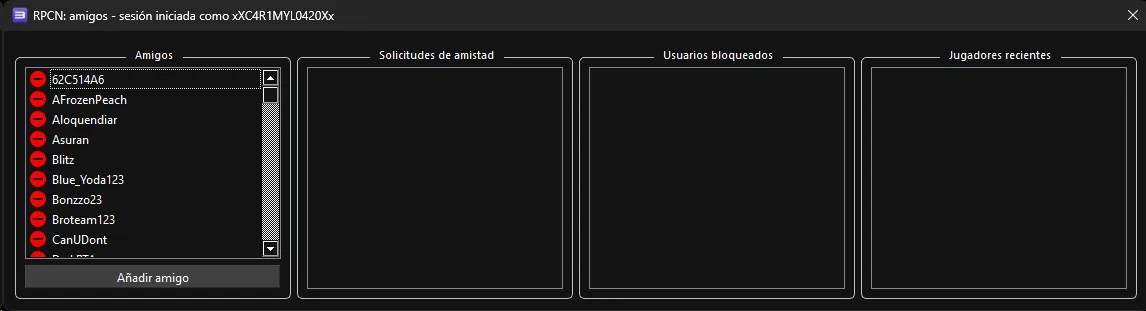 La pantalla de amigos de RPCN mostrando una lista de amigos.