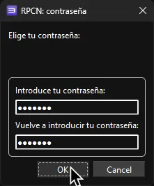 El menú de contraseña con una contraseña oculta configurada (dos veces para verificación) y 'OK' resaltado.