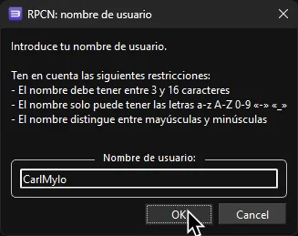 El menú de nombre de usuario con un nombre de usuario configurado y 'OK' resaltado.