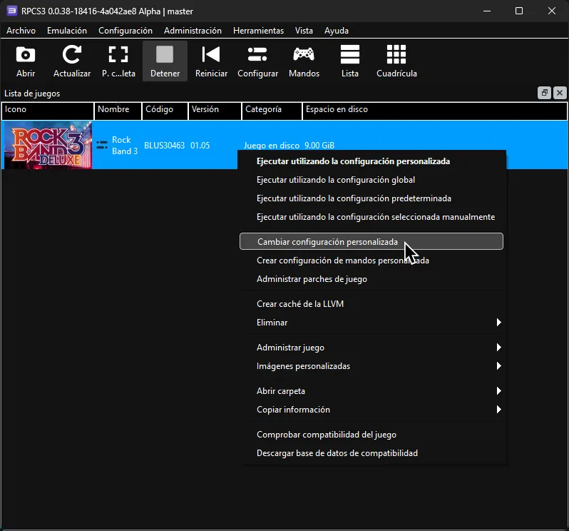 El menú de clic derecho de RPCS3, mostrando 'Change Custom Configuration' resaltado.