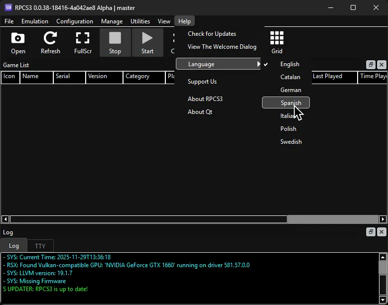 RPCS3 en el submenu de 'Language' cambiando el lenguaje.