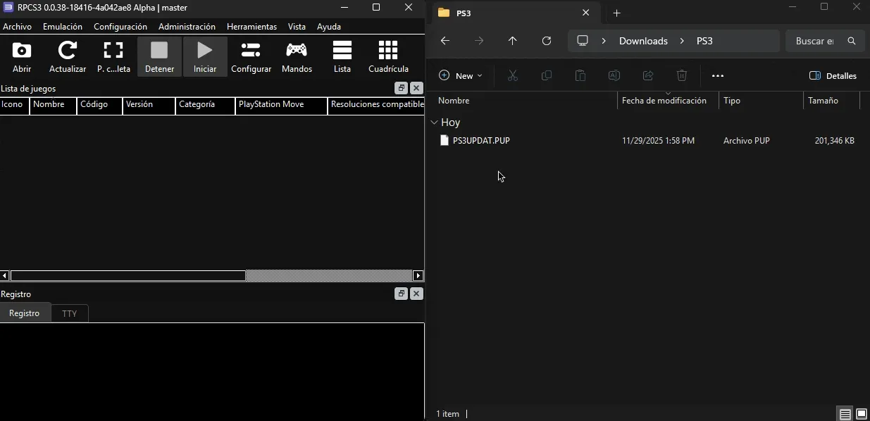 PS3UPDAT.PUP siendo instalado en RPCS3.