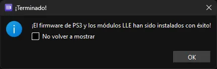 El instalador de firmware de RPCS3 después de una exitosa instalación del firmware de PS3 y los módulos LLE.